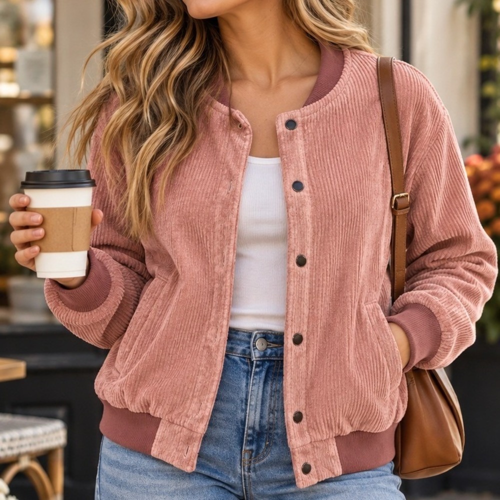 Brandy Melville Corduroy Bomber Jacket Womens One Size Pink Ribbed Trim